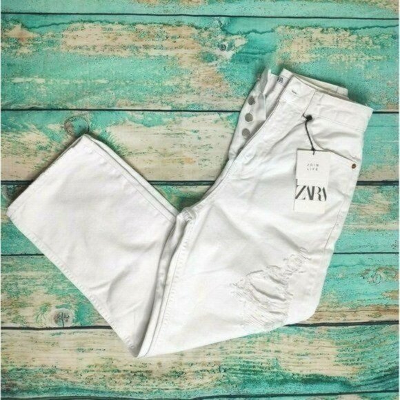 Zara Jeans Straight Leg 2  White High Rise Cropped Distressed Button Fly - Picture 4 of 9